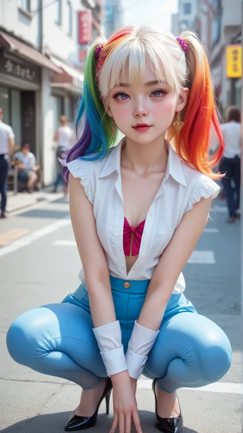 A Korean girl squatting on the street, head on,  spreading the legs,  looking at the camera with a seductive look,  long rainbow-colored hair, very pretty,  extremely small breasts,  very small and thin body, slightly marked bones , Small angelic face, She...