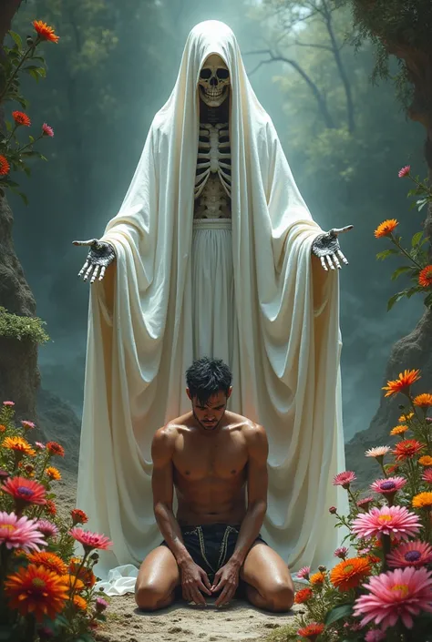 Create a realistic image of the Holy Death wearing a white robe and a man dressed unclothed at her feet. and flowers 