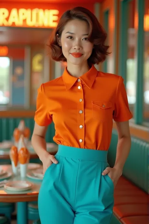  Staff uniform for retro restaurant, colors like orange and turquoise  
