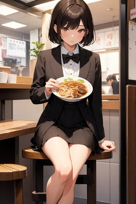 ((best quality)), ((masterpiece)), (detailed), 1girl, asian young woman, short bangs, brown hair, brown asian eyes, feminine, bowtie, black tuxedo jacket, black dress skirt, short white socks, fancy black shoe, rear view , sitting at a ramen shop on a wood...