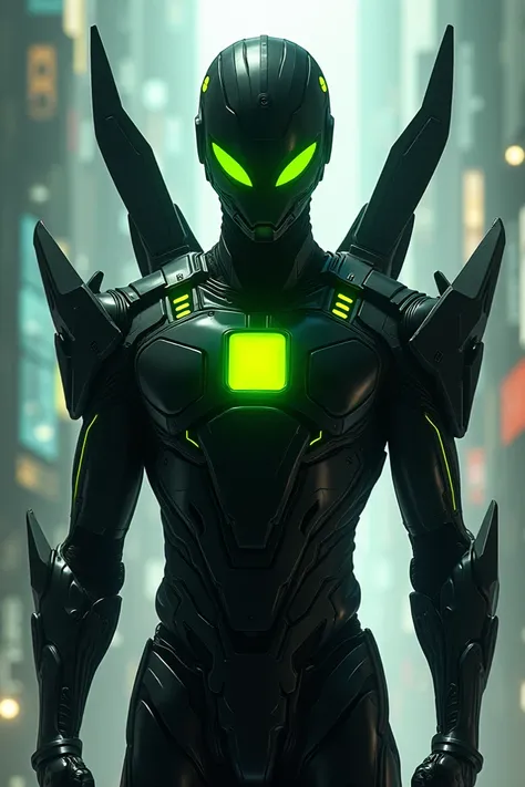 Create a character who wears a black alien suit, a green square on his chest and a green visor, and on the back he has three devices that look like swords from the game Halo, and all that in anime style.