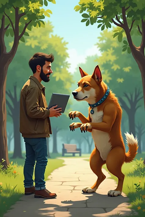 1 man go to park with the dog, and the dog has 2 hand to code with a macbook in his back. The dog has 2 hand more to slap the man, so the dog has 8 hand,4 normal, 2 for coding, and 2 for slap his boss