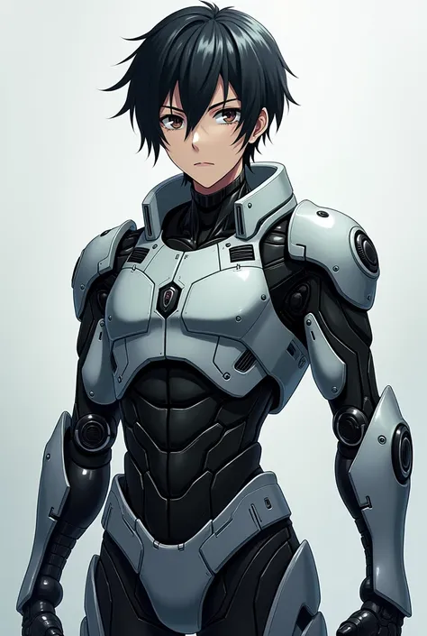 Male anime character, men,  with black hair, of robotic expression ,  with half the robotic body