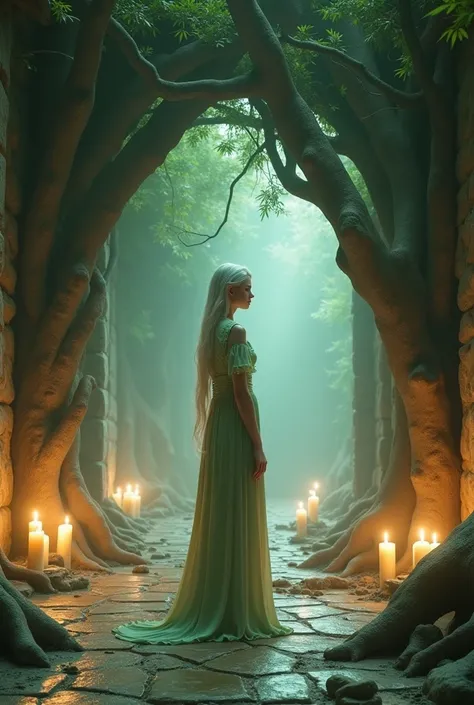 Elf, a white-haired woman, standing facing back in a pale green monastery dress mixed with white, was in the basement, with just candlelight all around her, with a very large tree root that looked like a wall behind her.