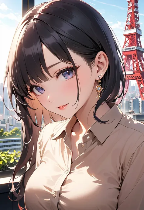 masterpiece, top quality, super detailed, high definition ),16k,  beautiful,  woman,    black long hair by lla,Business shirts, earrings,  outdoor、 Married Woman,sunlight、sunny、Cafes in Tokyo、Skyscrapers in the background、  Tokyo tower  、bewitching、coquett...