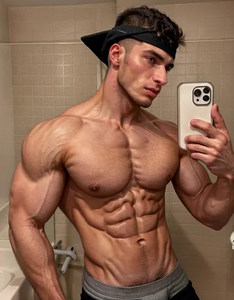  a man shaving taking a selfie in a bathroom with a telephone, scratched,  super strong and cool, chiselled, with abs, thin but muscular, crushed,  21 years old, Photo in shape,  Lean and muscular, 2 , fuertes rasgos masculinos, Artem,  perfect body ,  fit...