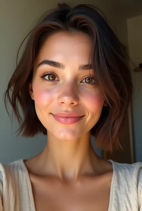 create a realistic selfie of a 24-year-old woman,  common face , king, tanned,  short hair and brown eyes 