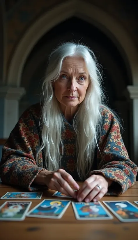 A cinematic photo of an middle age woman with wisdom and mystique reading Tarot cards kept on a table.she has long white hair , She looking to camera wear wahit beautiful handcraft  clothes and blue eyes . she wear handcraft scarf partially on hair , she l...