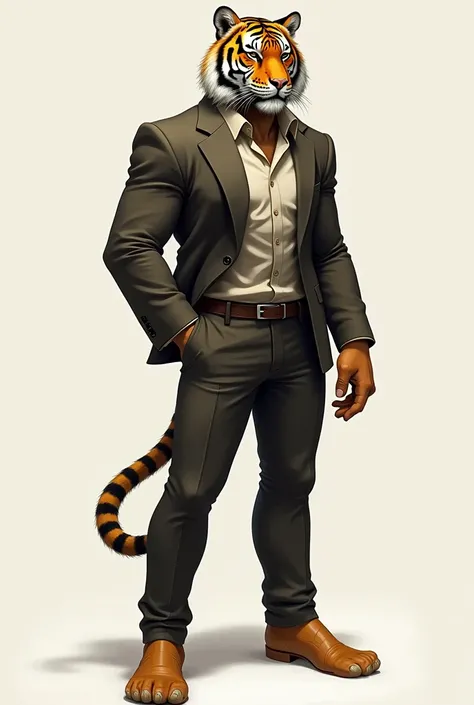  A semi-realistic drawing of a tall anthropomorphic tiger, slim and toned body with human clothing 