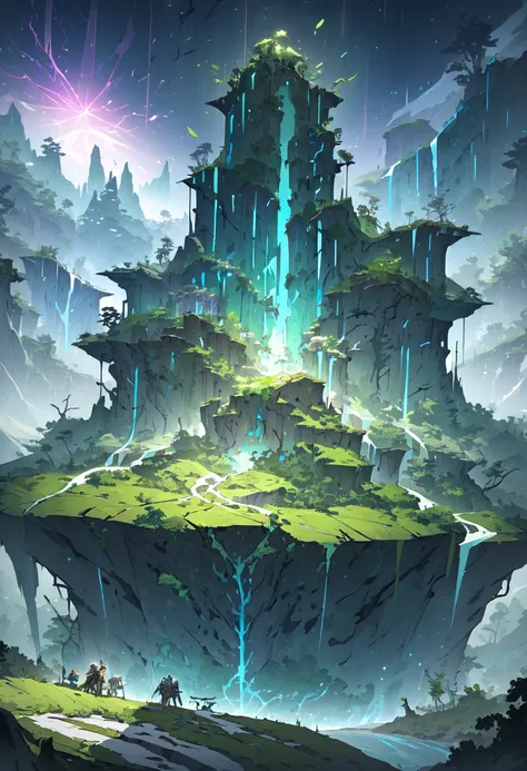 A post-apocalyptic sanctuary in the Andes highlands, where the Amazon jungle and ancient glaciers converge. Towering moss-covered trees with glowing bioluminescent vines illuminate ruins of a forgotten civilization—rusted structures and overgrown machinery...