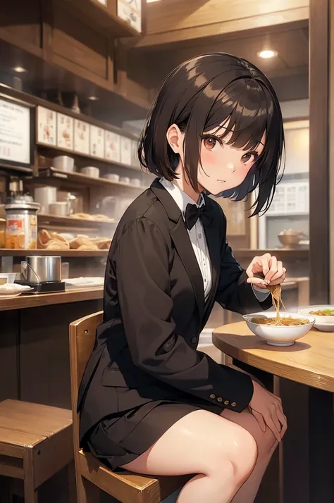 ((best quality)), ((masterpiece)), (detailed), 1girl, asian young woman, short bangs, brown hair, brown asian eyes, feminine, bowtie, black tuxedo jacket, black dress skirt, short white socks, fancy black shoe, rear view , sitting at a ramen shop on a wood...