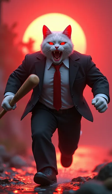 
In cinematic 3D style, HD image, realistic image, colourful image.
Character, aap muscular body big white cat wearing black suit and red tie and white shirt and black pant and black shoes. 
Action,The muscular body big white cat is holding a baseball bat ...