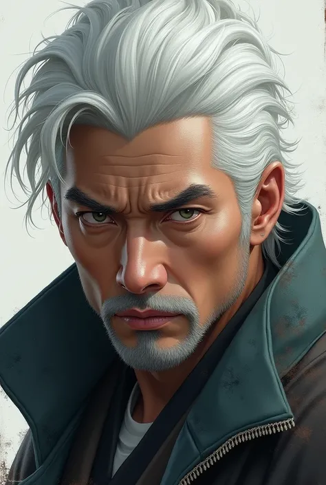 create a realistic manly image of jo taesung from cherry blossom after winter with white hair 