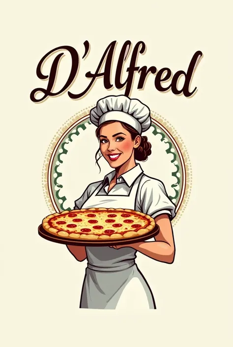 logo for a pizzeria called D Alfred pizzeria with an image of a female chef with a pizza in her hands
