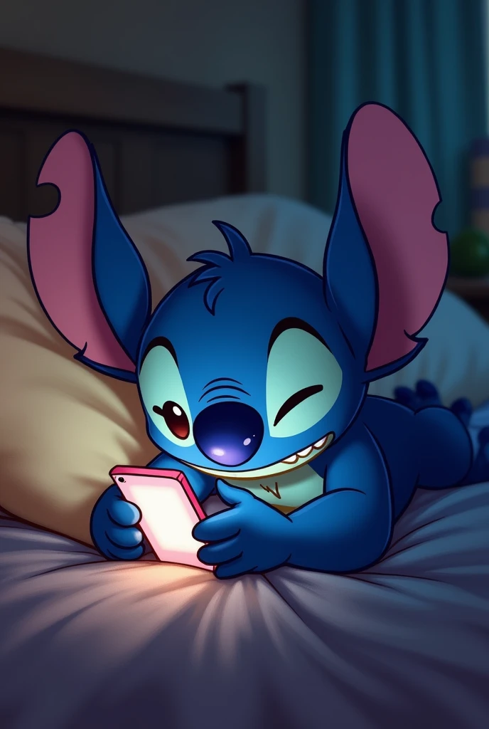 Stich trying to read messages from his sleepy cellphone with his eyes open