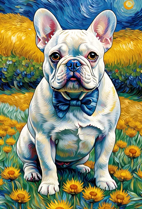 generate a French bulldog by touching the Van Gogh picture The white bulldog background is also Van Gogh style and the picture looks like it can be used for puzzles