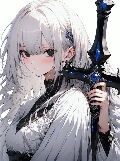 masterpiece, highest quality, a girl, blanked eyes, holding big black sword with right hand, white hair, black eyes, Emotionless