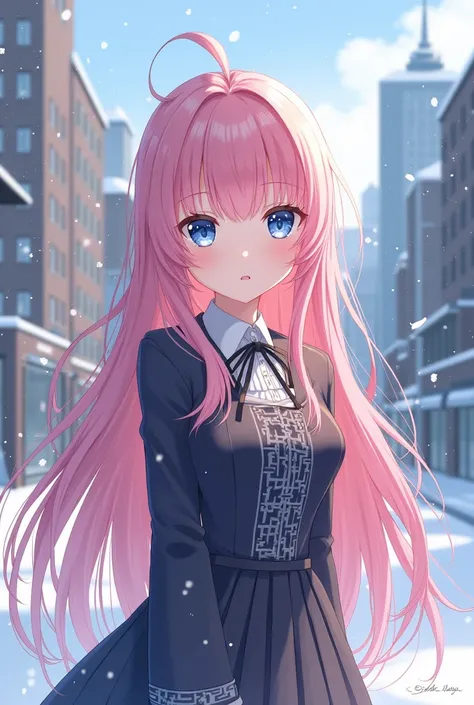  1 girl,  high resolution, Long hair,  blue eyes , ผมสีชมพู Masterpiece, precise,  High Detail, quality, Put on a school uniform and have a tunic,In a snowy city, Masterpiece,  very detailed , โมเดล high resolution, Anime