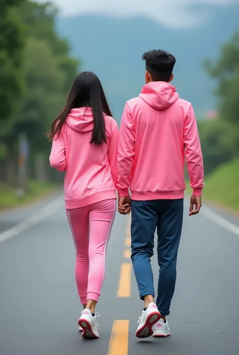 Tolong buatkan saya Fotografi profesional  sepasang kekasih sedang berjalan santai diantaranya:seorang gadis cantik jelita asal asia memakai jeket adidas pink kaos pink celana training pink sepatu sket putih,dan seorang pria tampan berambutAttractive messy...