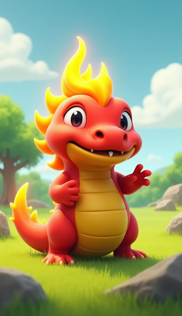 A playful and chunky crocodile-like creature with a bright red body and a yellow belly. Its face is cheerful, and it emits a soft glow from the flame-like marking on its head. The scene is set in a sunny grassy plain, with a few rocks and trees in the back...