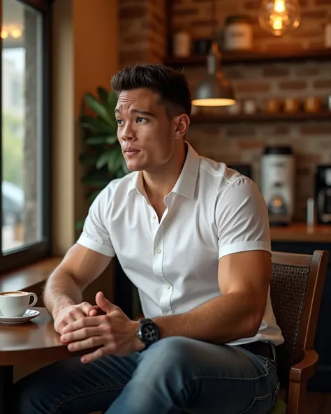 A hyper realistic toned guy with brown eyes dark brown hair sits in a cozy coffee shop. Wearing jeans and white collared long sleeves. The warm ambiance of coffee shop. 