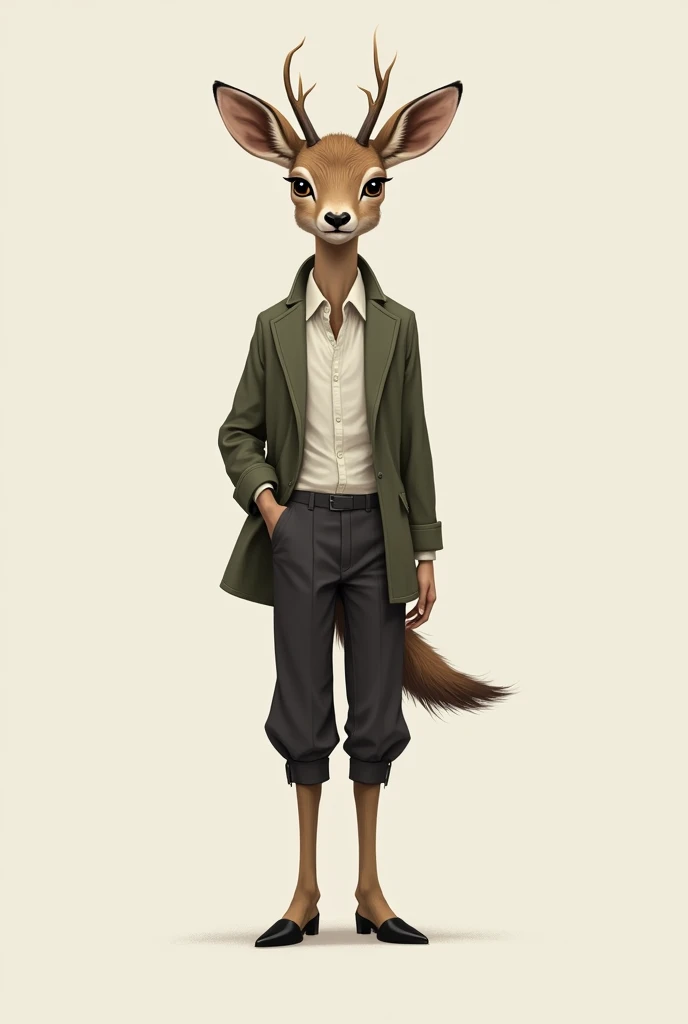  A semi-realistic drawing of an anthropomorphic male male deer with medium height, slim body with human clothes 