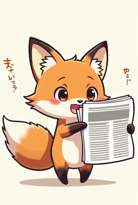 A small red manga style fox pointing to a newspaper 