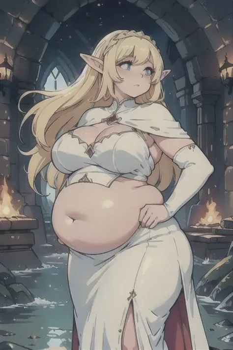 (Best quality), (high resolution), (detailed), 1woman, curvy girl, ((chubby belly:0.8)), dark fantasy elf, gorgerous girl, elf girl, white elf princess, long blonde hair, white dress, (bloated belly:1.2)