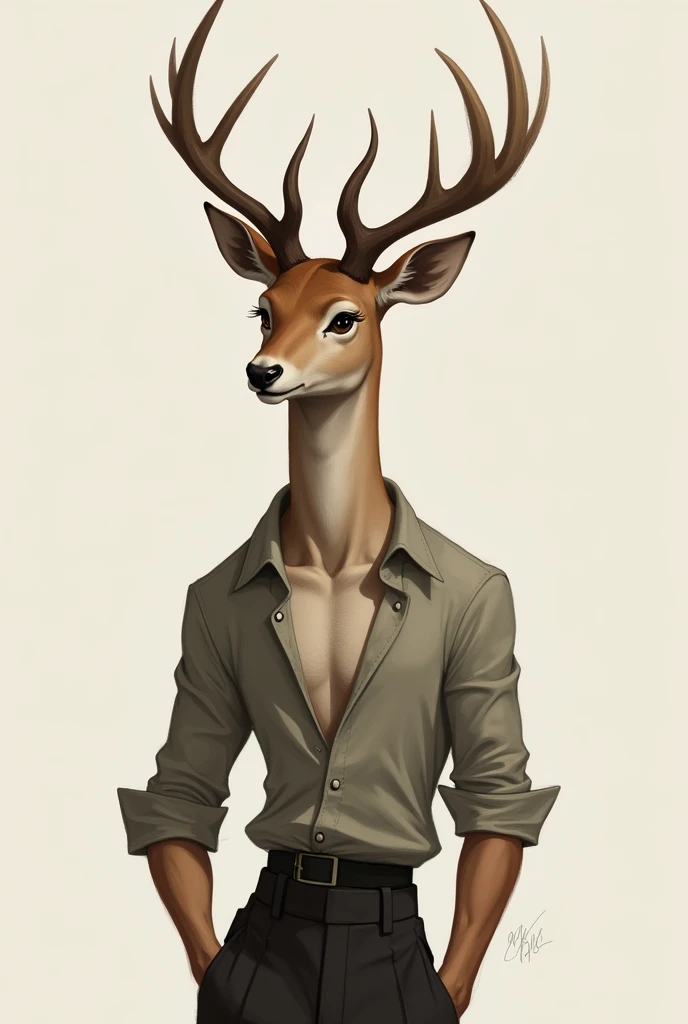  A semi-realistic drawing of an anthropomorphic male deer,  slim body, narrow waist with human clothing 