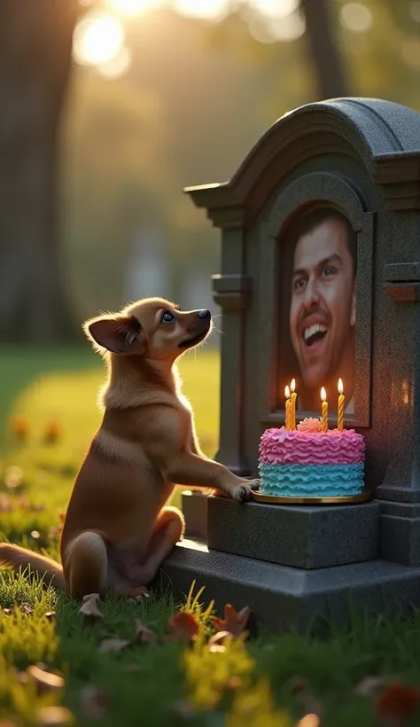 "A hyper-realistic scene from a cemetery. In the foreground, a fragile medium-sized dog is in front of a tomb looking at the photo of its owner on the tombstone with a colorful birthday cake and lit candles, crying, a sad scene in a desperate, silent screa...