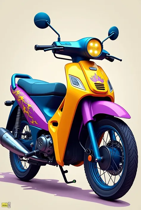 Create an image of a yellow and purple slingshot Honda super cub with blue details