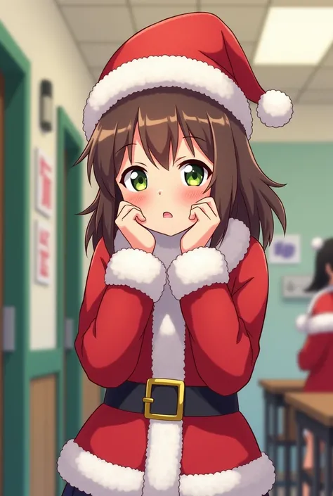 The illustration of a high school girl in a Santa costume with brown hair and light green eyes is embarrassing