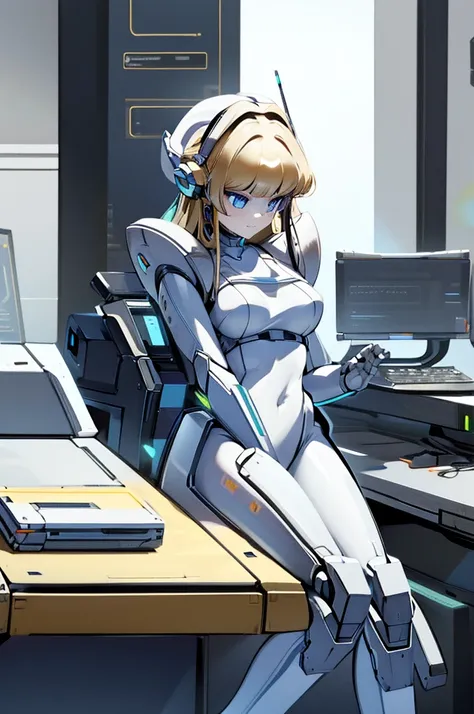 masterpiece, best quality, extremely detailed, (8K, 4K, Best Quality, hight resolution, 超A high resolution:1.1), ,8k portrait, Japaese android Girl,Plump , dark black leg cover,announcer,control panels,android,Droid,Mechanical Hand, Robot arms and legs, Bl...