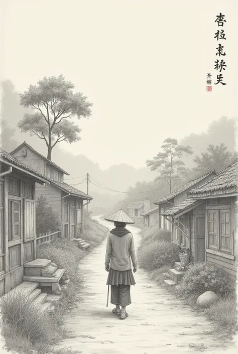  Draw a picture from poet Nguyen Binhs rural poem with pencil strokes . Require the character to resemble the poem . Nhân vật trang phục chân thật , rural folk 