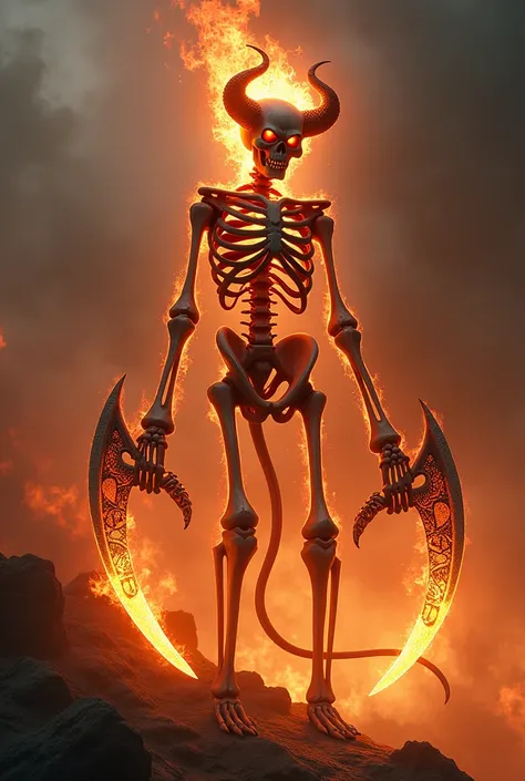 Create a fire demon with tale and give him 2 scythe on both hands make him skeleton  demon