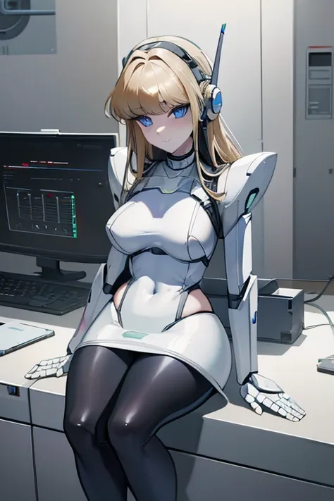 masterpiece, best quality, extremely detailed, (8K, 4K, Best Quality, hight resolution, 超A high resolution:1.1), ,8k portrait, Japaese android Girl,Plump , dark black leg cover,announcer,control panels,android,Droid,Mechanical Hand, Robot arms and legs, Bl...