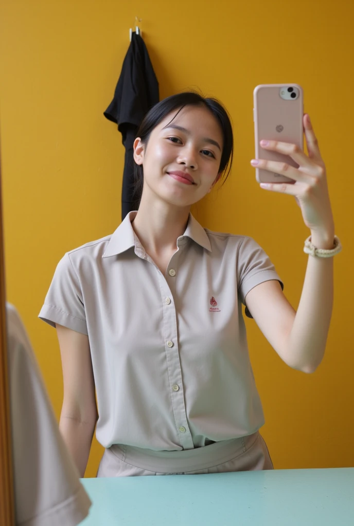 A young indonesian woman, likely a teenager, is seen taking a selfie in front of a mirror. 


She is wearing a light-colored, possibly off-white or light gray, collared button-up shirt, which appears to be a school uniform.  The shirt has a small emblem or...