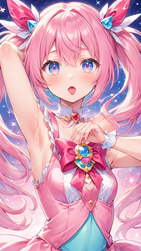 anime girl with pink hair and a pink dress touching her chest, portrait of magical girl, magical girl anime mahou shojo, anime girl named lucy, humanoid pink female squid girl, pink twintail hair and cyan eyes, ( ( ( anime ) ) ), madoka kaname, magical gir...