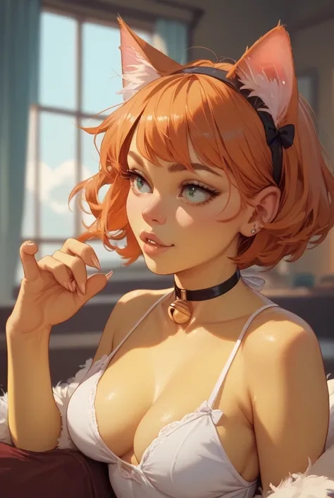 Women, yellow skin, Orange hair, cat nose,  cat ears, cat tail