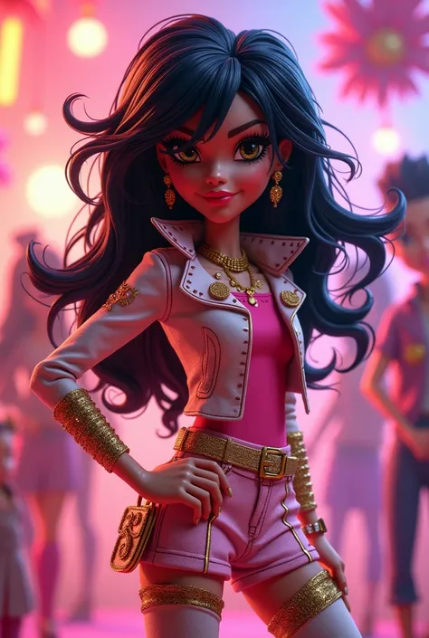 
birthday invitation from a bratz with black hair and pink and gold and white clothes,  animated