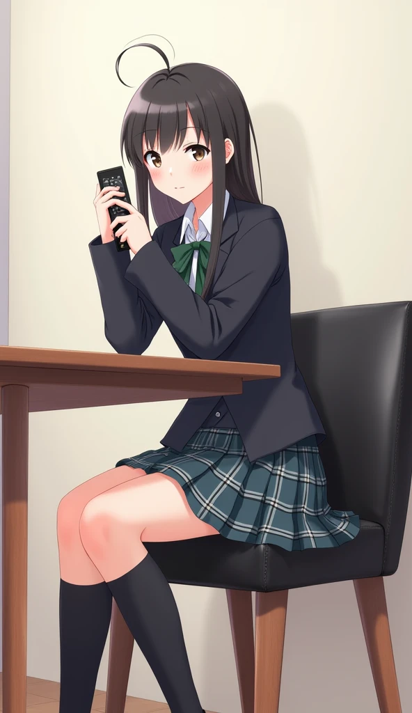 An anime-style illustration of a teenage woman sitting on a black leather dining chair and backrest with wooden legs. She wears a school uniform that includes a dark jacket and a plaid skirt., while holding a black television remote control in her hands at...