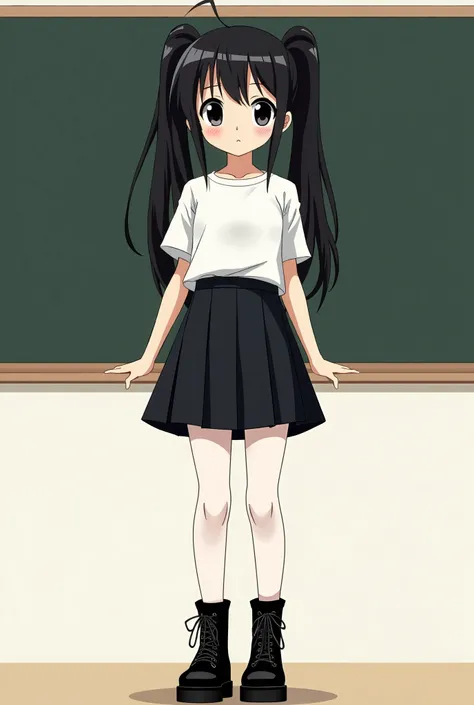  Black Hair Double Ponytail ，Black pupil，女student，student，whole body， white pantyhose，black board brick boots，Second dimension style