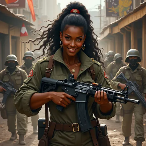  Dark-skinned woman with a cat-themed painting, smiling at the American enemy . holding a rifle