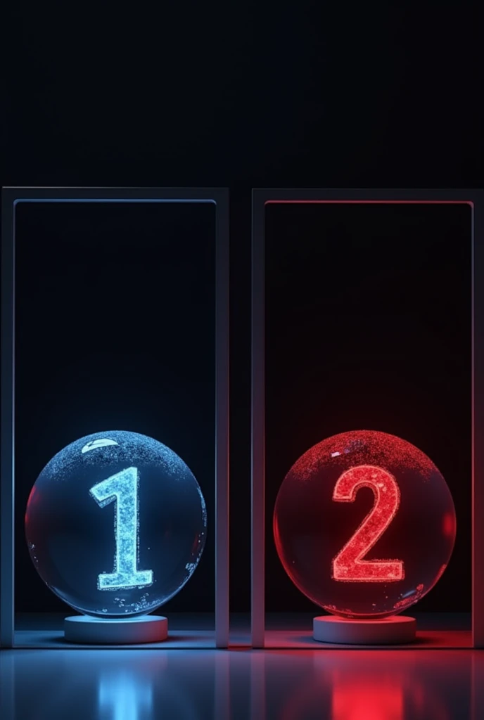 Two frames of images  , one with a blue crystal sphere with the number 1 inside
And another one with a red crystal sphere with the number 2 inside ,in high quality realism with black background