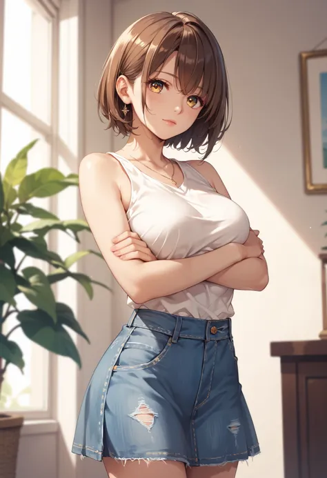 extremely detailed CG, high resolution, best quality, masterpiece, single woman, golden eyes, (beautiful detailed eyes: 1.4), brown hair, short hair, medium breasts, white top, sleeveless, denim skirt, arms crossed, museum