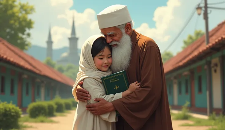 make a young girl wearing a white hijab then carrying the Koran wearing Muslim clothes there hugging with a Kyai wearing a skullcap and also having a white beard Make it look like you are falling in love then make it in the atmosphere of an Indonesian Isla...