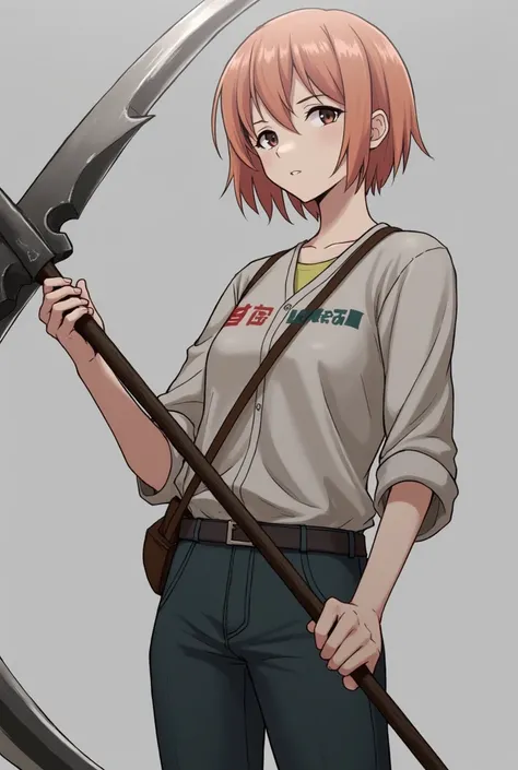 A girl about  with peach-colored hair holding a large scythe.
He has a neutral face.
Wears street clothes.
Short bob.