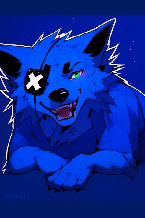 Male, furry, anthro, wolf, blue fur, green eyes, eyepatch