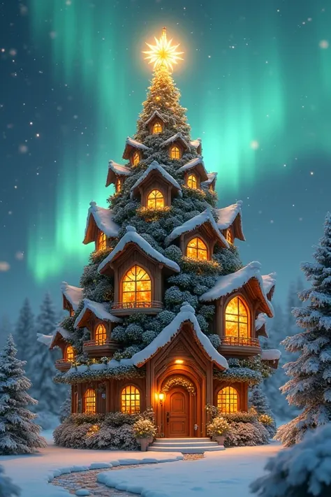 " A fairytale house shaped like a Christmas tree ,  with floors connected by external stairs , wrapped in garlands of light .  At the top of the tree ,  a giant star projects a golden glow that illuminates the surrounding snowy landscape.  small details,  ...