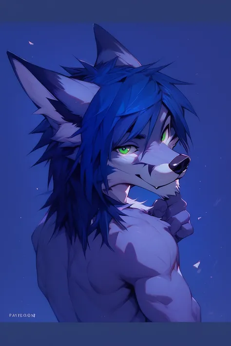 Male, furry, anthro, fox, backside view, looking at viewer, green eyes, blue hair, blue fur